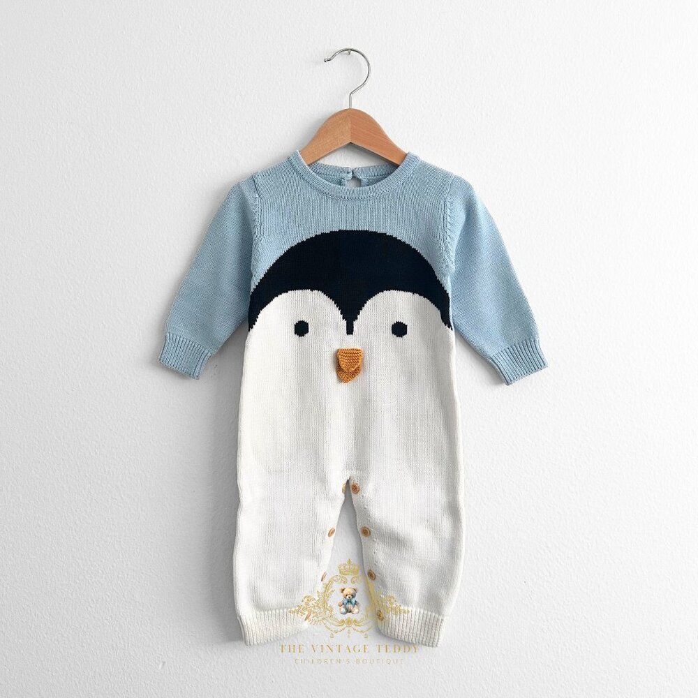 NWT Cute Kids Knit Sweater One-piece Bodysuits Romper Penguin Baby Blue 6-12M - Picture 2 of 3